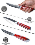 Steak Knives Set of 4, Ultra Sharp Non Serrated Kitchen Steak Knife 5 Inch - Damascus Steel & Resin Handle - Xuan Series (Sunset Red)