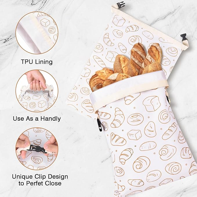 LAKE OF FIRE 16.9"x12.6" Reusable Bread Storage Bags for Homemade Bread with Reusable 2 Bowl Covers,Large Sourdough Bread Bags Food Storage Cloth Bag (White + Bread)
