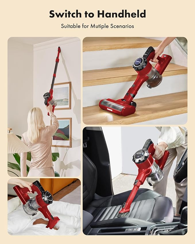 Cordless Vacuum Cleaner, 8-in-1 Lightweight Stick Vacuum with 45mins Runtime, Powerful Suction, Rechargeable Cordless Vacuum for Carpet, Tile, Pet Hair, Hardwood Floors, Red