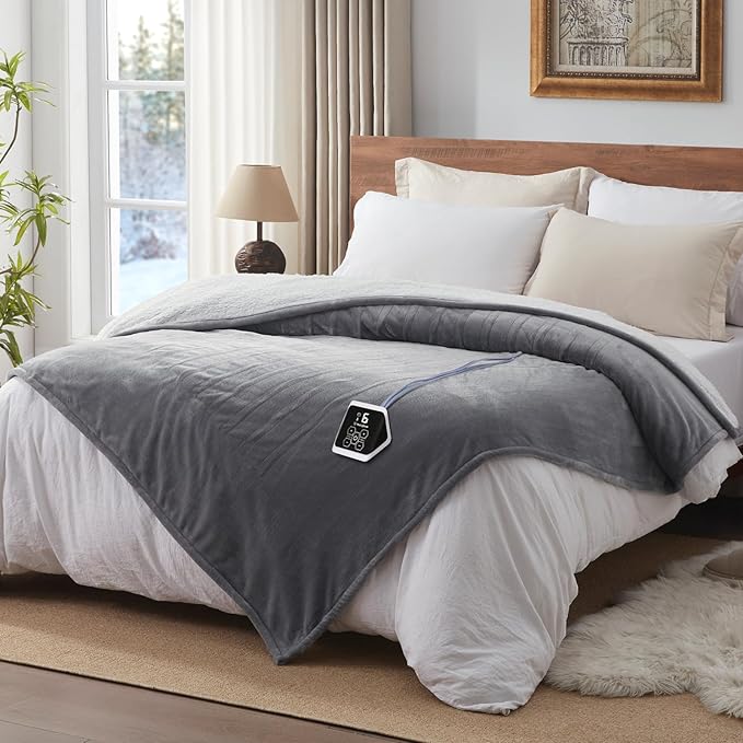 Westinghouse Heated Blanket Twin Size, Soft Flannel to Sherpa Electric Blanket with 10 Heating Levels, 12 Hours Auto Off, Fast Heating, Machine Washable, 62x84 Inch, Light Grey