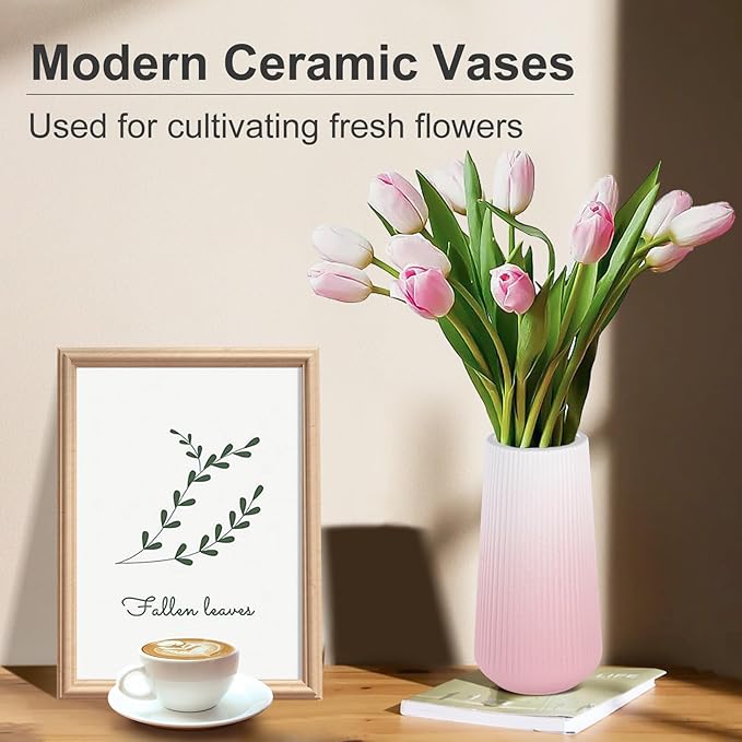 Gradient Pink Ceramic Vase, GUKJOB Cute Flower Vase for Pampas Grass, Home, Living Room, Dining Table, Farmhouse, Office Decor, Bedroom, Table, and Kitchen Shelf (XL Gradient Pink)