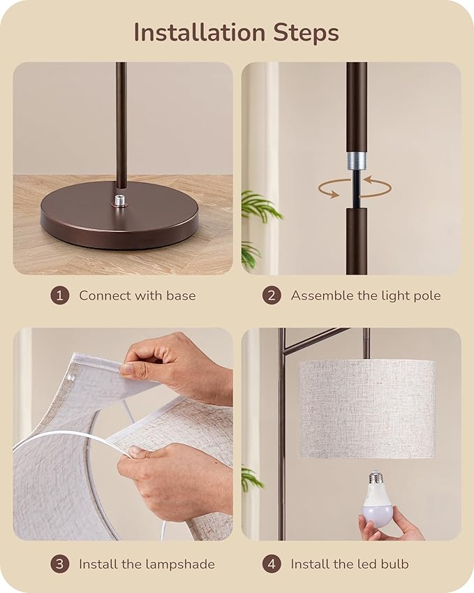 EDISHINE 64.7" Modern Minimalist Floor Lamps for Living Room with 3 Color Temperatures Bulb & Adjustable Linen Shade, Foot Pedal Switch, Tall Standing Lamp for Bedroom Office, Brown