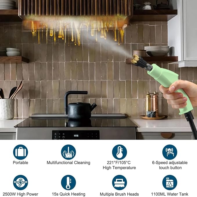 Touchscreen Steam Cleaner 1100ML 2500W High Temperature Pressure Handheld Steam Cleaning Machine with Brush Heads and Gloves 7 in 1 for Car Floor Kitchen Bathroom Window Furniture (Green)