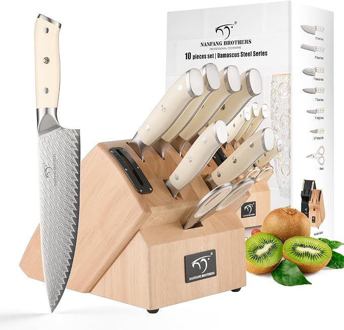 NANFANG BROTHERS Damascus Knife Sets, 10 Pieces for Kitchen with Block, Kitchen Knife Set with Block, ABS Ergonomic Handle for Chef Knife Set and Kitchen Shear