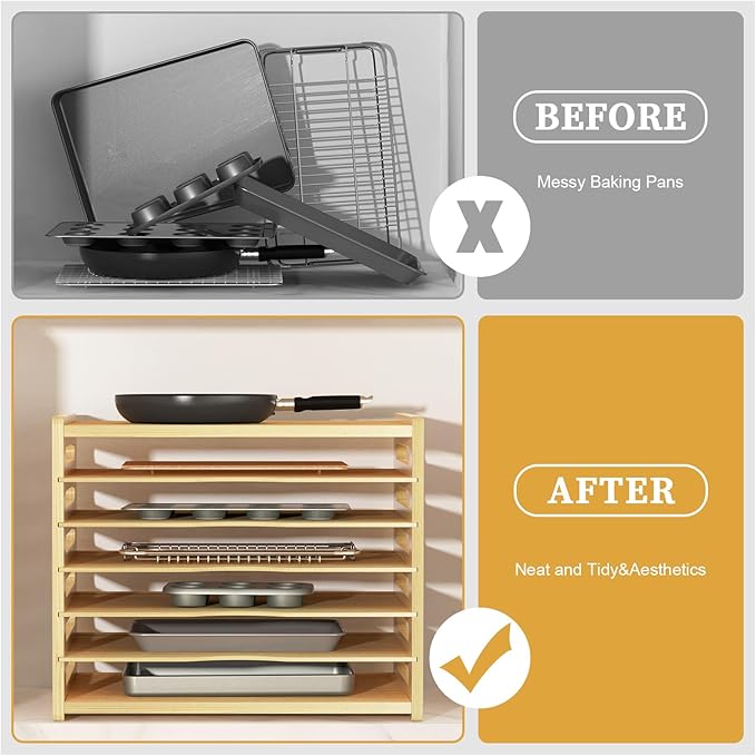 7 Tier Large Size Wooden Tray Dividers for Cabinet, Kitchen Cabinet Tray Divider for Pans, Storing pans, Baking trays, Cutting Board