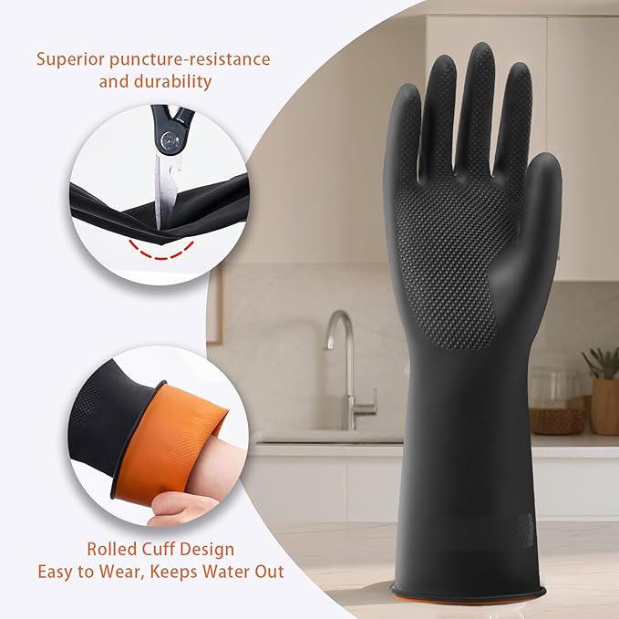 Bamllum 4 Pairs Black Rubber Dishwashing Gloves - Reusable Cleaning Gloves for Kitchen, Household, Anti-Slip, Flexible & Long-Lasting (Medium)