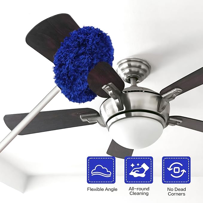 Ceiling Fan Cleaner Duster Reusable Microfiber Ceiling Fan Blade Cleaner Removable Duster with Extension Pole Adjusts 13 to 49.7 Inch for Cleaning Walls Furniture Door Window Top (Dark Blue)