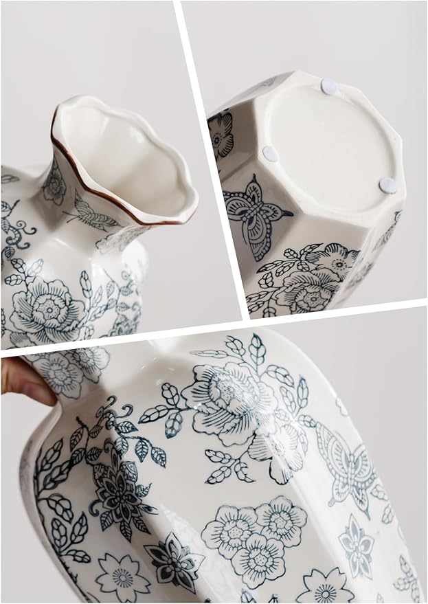 Blue and White Vase, Vintage Blue Ceramic Flower Vessel,Ceramic vases for Home Decor,Vintage Green and Beige for Console Table Mantle Chinoiserie Decor (Retro-02, Large)