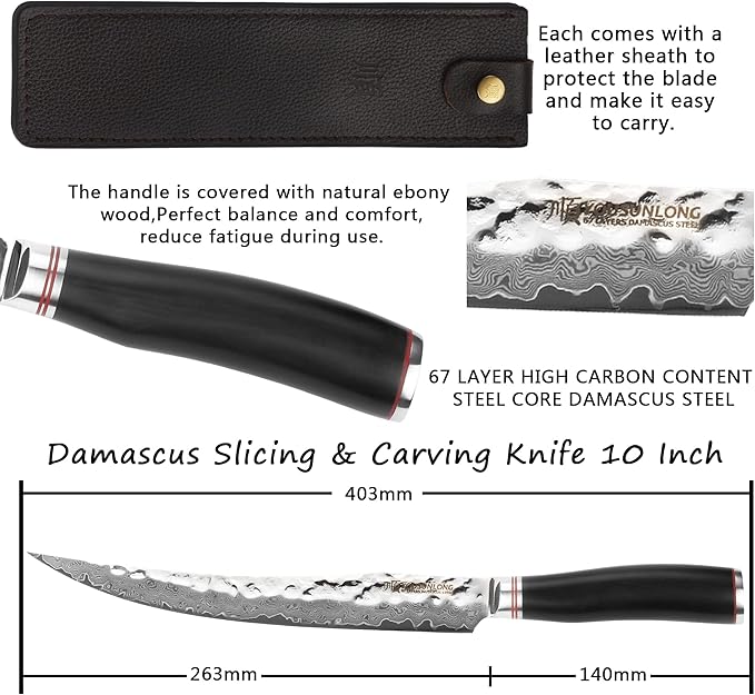 YOUSUNLONG Slicing & Carving Knife - 10'' (25.4cm) - Damascus - Japanese Hammered VG10 Steel - Ham Slicer - Razor Sharp -Natural Ebony wood Handle With Leather Sheath - Slicer Cleaver