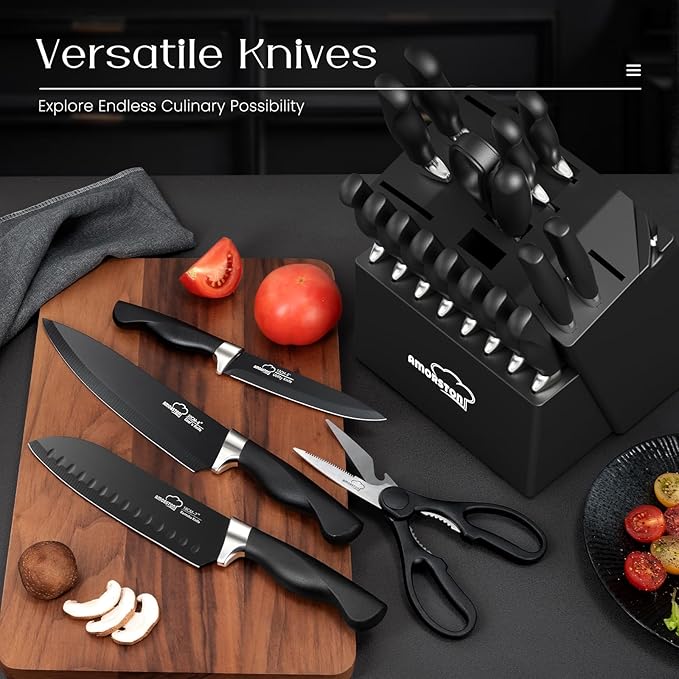 Knife Set, Amorston 21 Pieces Kitchen Knife Set with Block and Sharpener, Ultra-Sharp Knives Set with Ergonomic Handles, Black German Stainless Steel Knife Block Set, Dishwasher Safe