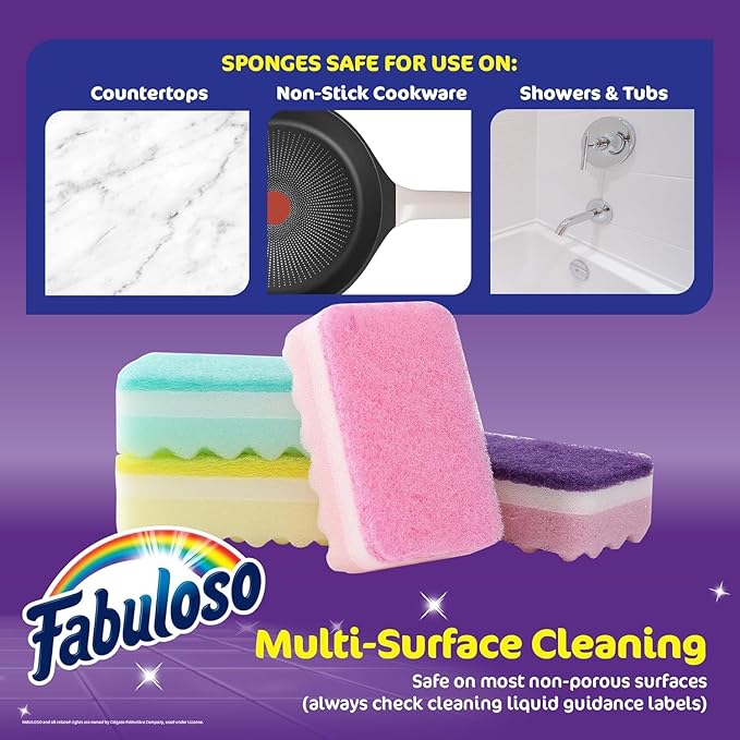 Fabuloso Sponges, Rainbow - Scratch-Free Scrubber for Dishes and Surfaces - Dishwashing Sponge for Bold and Bright Cleaning Experience, 4 Count - 2 Pack