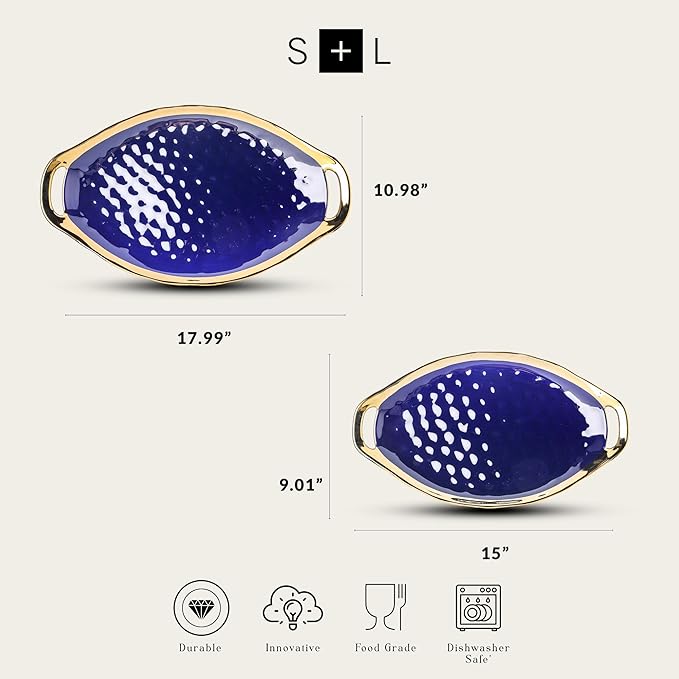Stone Lain Florian Porcelain Large and Medium Oval Platters with Handle, Service Set, Blue with Gold Rim