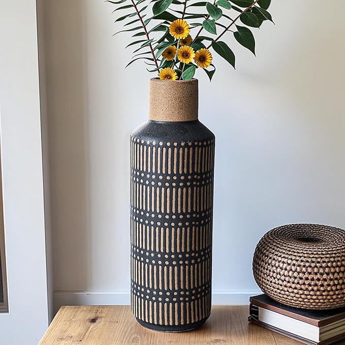 Rustic Ceramic Vase for Living Room Bedroom 11.02'' Antique Black Flower Vase for Bouquet Fake Plant Home Decor Office Table Shelf Fireplace Centerpieces Retro Vintage Classic Modern