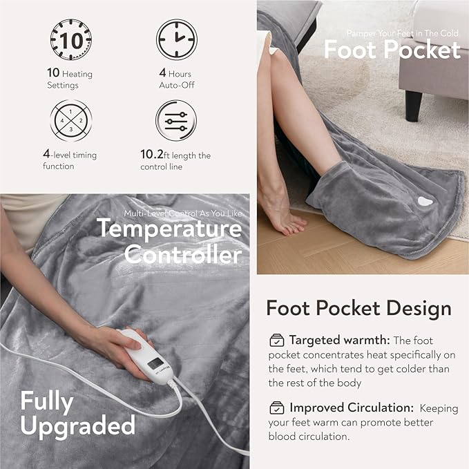 Wapaneus Foot Pocket Heated Blanket Electric Throw with 10 Heating Levels and 4 Timer Settings 4 Hours Auto Shut Off, Flannel Fast-Heating Heated Throw 50" x 60", Machine Washable,Light Grey