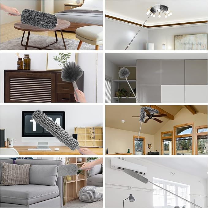 Microfiber Feather Duster with Extension Pole 30 to 100 inches, Reusable,Bendable, Washable Dusters for Cleaning Ceiling Fan, High Ceiling, Blinds, Furniture & Cars, 12PCS