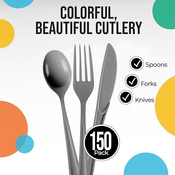 Party Solids Silver Plastic Silverware Heavy Duty 150 Pieces Silver Plastic Cutlery Sets, Utensil Sets, 50 Of Each Forks, Knives & Spoons Disposable Cutlery Set, Flatware Set For Party Supplies