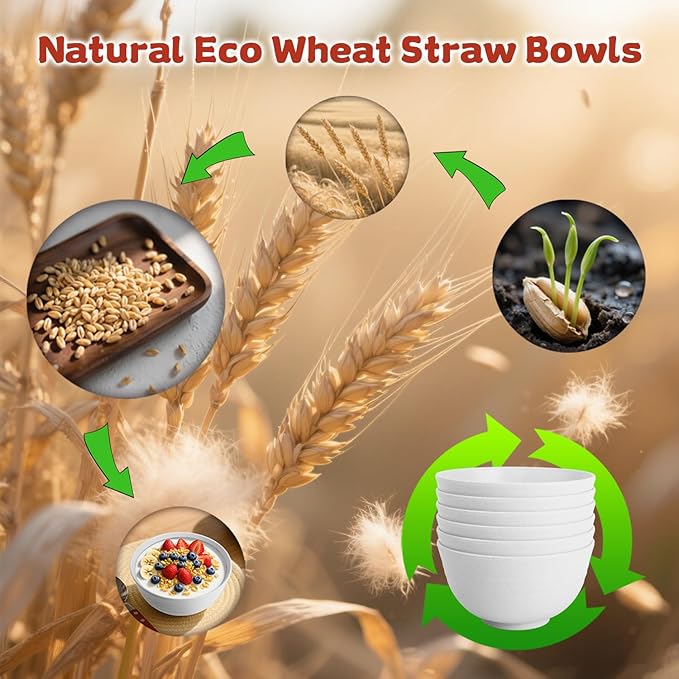 Wheat Straw Camping Bowls Sets of 6,Unbreakable 26oz Lightweight Bowls Sets for Outdoors Activity,Breakfast Bowls for Cereal and Salad.White Series