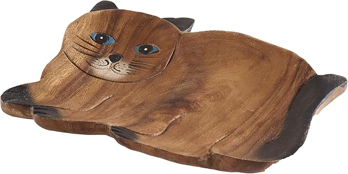 Handcrafted Cat Shaped Decorative Tray, Authentic Thai Wood with Vibrant Hand-Painted Details, Unique Artisan Serving Tray for Home Decor & Display