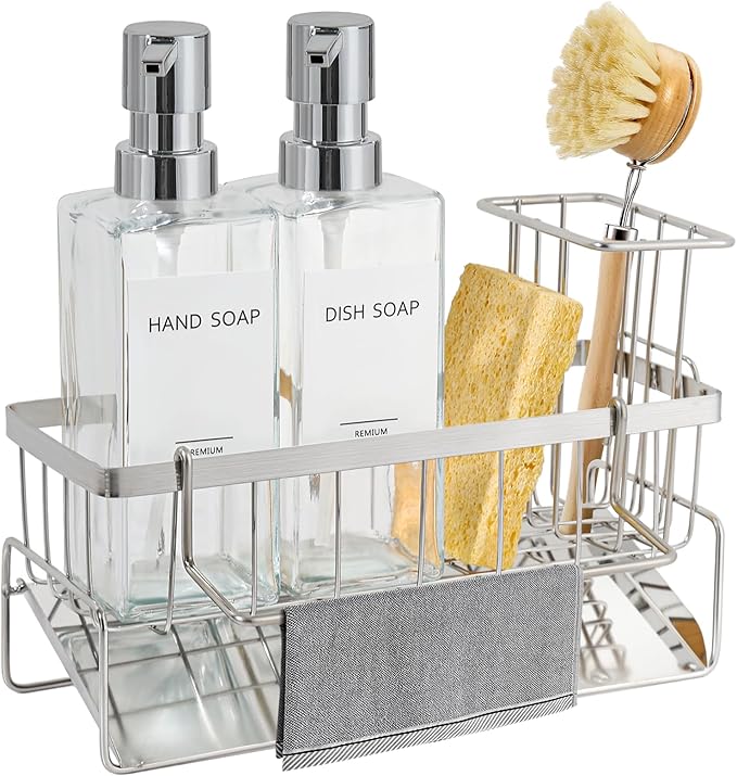 GMISUN Kitchen Soap Dispenser, 12 Fl oz/350ml Clear Dish Soap Dispenser with Silver Sponge Holder, Customized Glass Dish Soap Dispensers for Kitchen, Modern Hand and Dish Soap Dispensers Set Removable