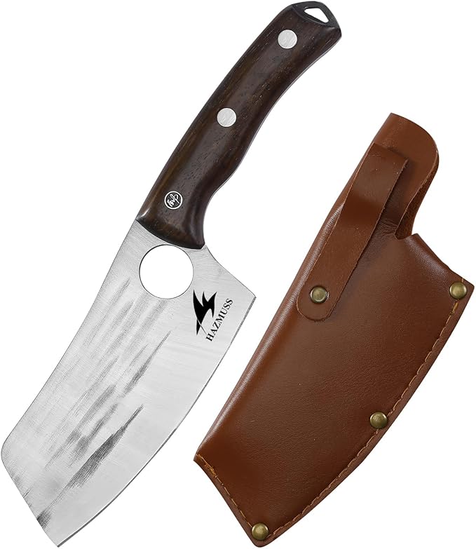 Nakiri Knife, 5.5" - High Carbon Stainless Steel Blade Usuba-Knive, for Cooking, Chopping, Full Tang, Ergonomic Ash Wood Handles, with Leather Sheath
