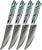 Steak Knives Set of 8 Damascus Steak Knife Set 5-Inch, Forged German Steel Full Tang Handle Straight Edge Dinner Knives, Razor-Sharp, Steel Blade AUS-10V with Abalone Shell Resin Handle
