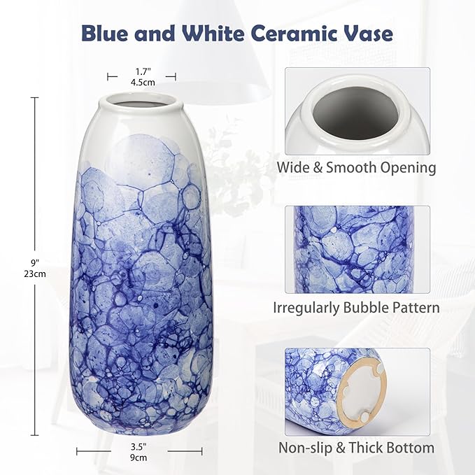 Oairse Blue and White Ceramic Vase, Chinoiserie Porcelain Flower Vase 9" for Centerpieces, Living Room, Dining Table Home Decor, Style 2