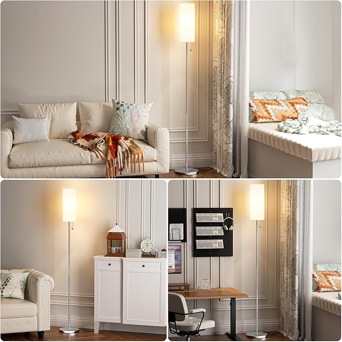 Ambimall Floor Lamp for Living Room with 3 Color Temperatures Bulb, 64" Standing lamp with Linen lampshade for Bedroom, Minimalist Pole Lamp, White Shade & Silver Pole