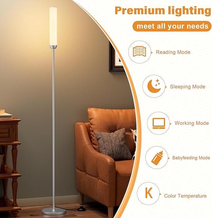 LED Floor Lamp with Remote Control, 65" Standing lamp with Stepless Adjustable 3000K-6500K Colors & 5%-100% Brightness, Foot Switch(Silver)