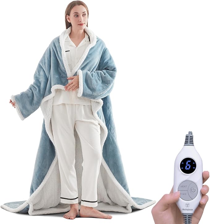 Westinghouse Electric Snuggle Throw Blankets with Foot Pocket, Wearable Heated Blanket with Sleeves, 6 Heating Levels & 2 to 10 Hours Heating Time Settings, 50 * 70"+18", Light Blue