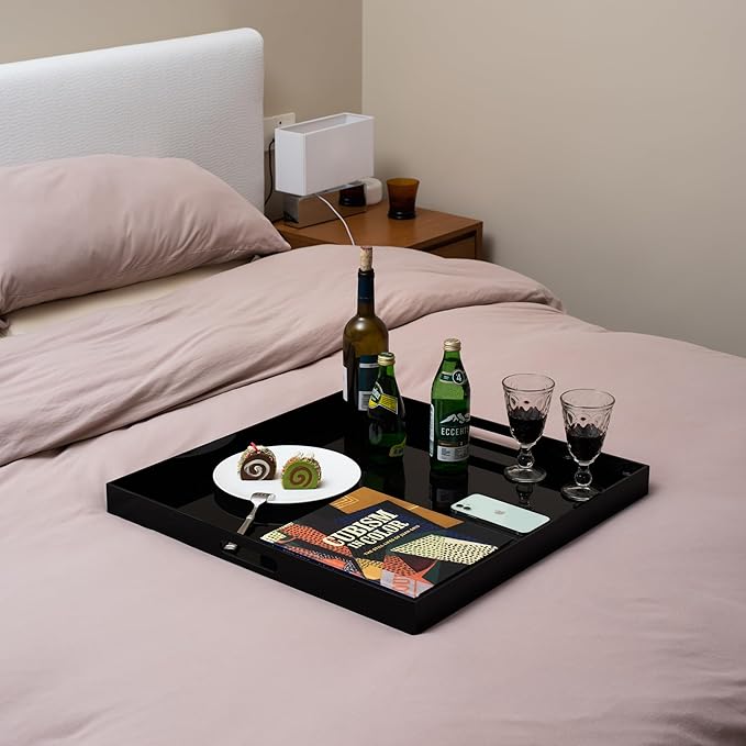 Clear Oversize Acrylic Serving Tray with Handles 24x24 Inch -Spill Proof- Decorative Trays Countertop Organizer for Ottoman,Nightstand, Sidetable, Butler (Glossy Black)