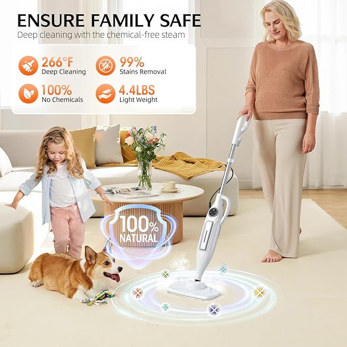 Powerful Handheld Steam Mop With 11 Accessories, 23FT Power Cord, 266℉Deep Cleaning, 2 Steam Modes & Multi-Purpose Steamer For Sealed Hard Floor, Laminate, Marble, Stone Floors