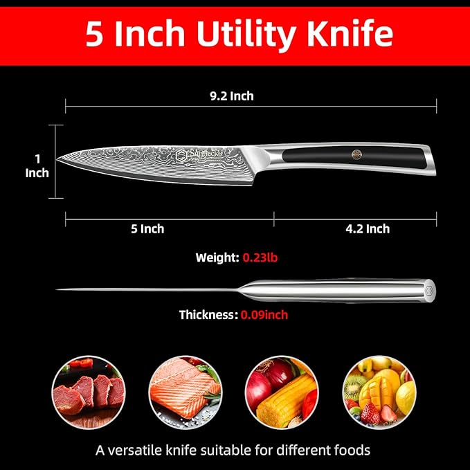 Sunnecko Paring Knife 5 Inch, Small Kitchen Knife with VG10 Damascus Steel Utility Knife with Solid Handle Fruit Knife Perfect for Cutting Fruit and Vegetables Peeling Knife with Gift Box Petty Knife