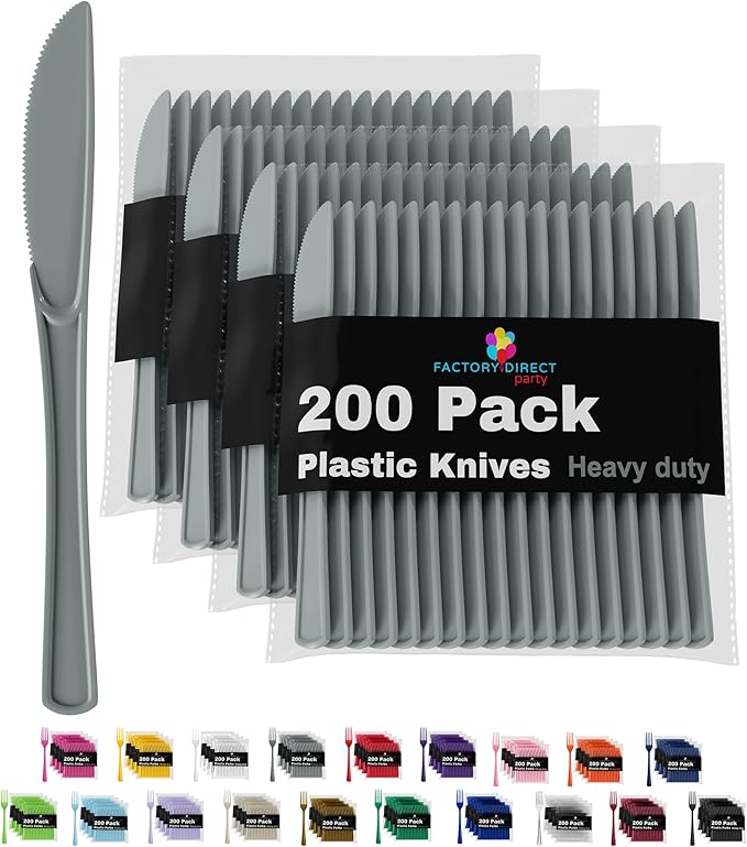 Party Solids Silver Plastic Knives 200 Pcs Silver Knives Disposable Utensils Heavy Duty Plastic Cutlery Set Disposable Cutlery Sets Flatware Sets Silverware Set Party Supplies & Party Tableware