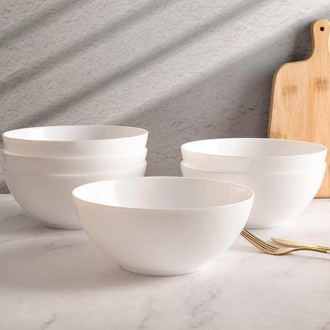 C CREST Elegant 33oz White Glass Bowl Set of 6, Perfect for Soup, Cereal, Ramen, Oatmeal, Fruit, Salad, Rice Bowls; Dishwasher & Microwave Safe