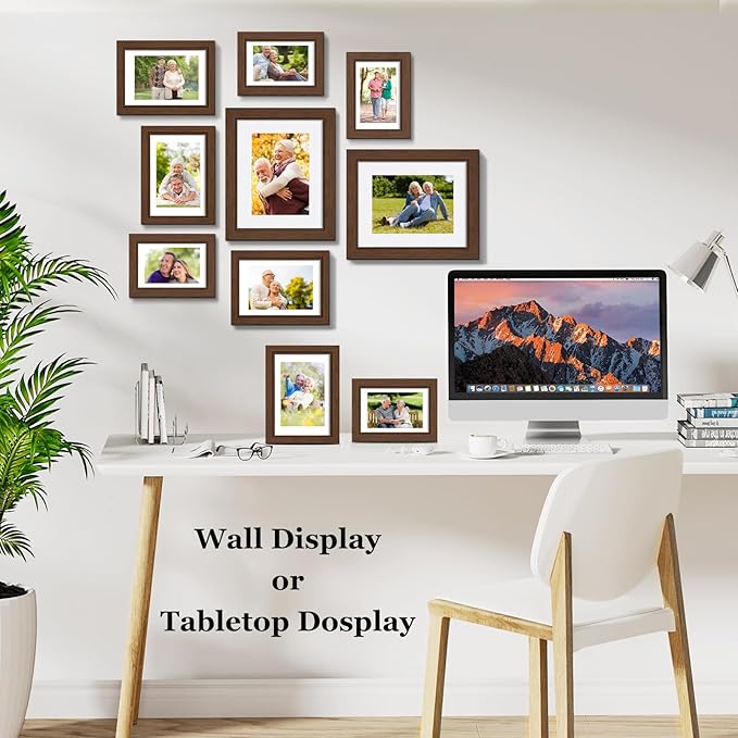 Picture Frames Set of 10, Collage Picture Frames for 8x10, 5x7, 4x6 Photos Real Glass for Wall or Tabletop