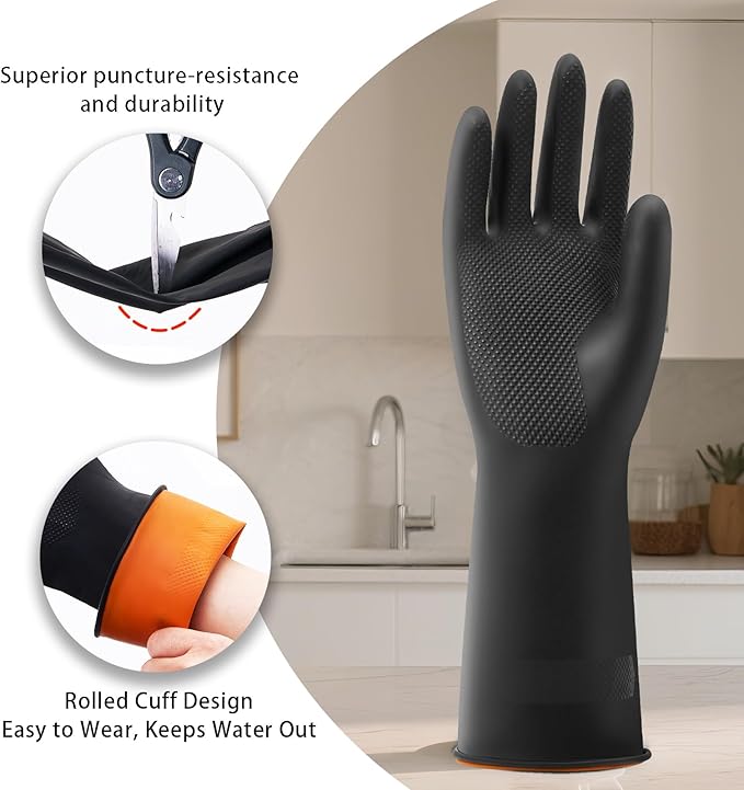 4 Pairs Black Rubber Dishwashing Gloves - Reusable Cleaning Gloves for Kitchen, Household, Anti-Slip, Flexible & Long-Lasting (X-Large, Black)