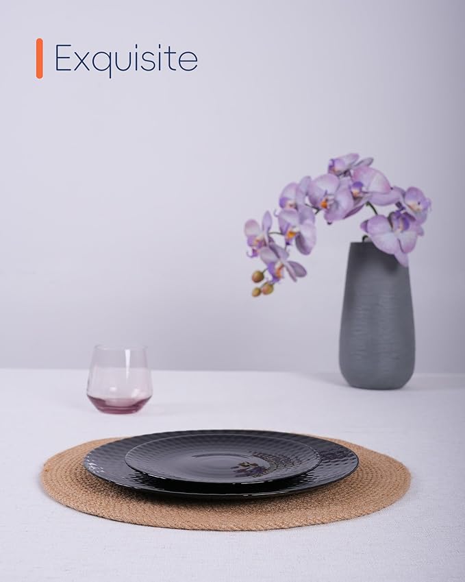 7.5 inch Salad Appetizer Plate Set of 6, Opal Glass Light and Durable Geometric Faceted Small Black Plates for Dessert, Kitchen, Dishwasher and Microwave Safe