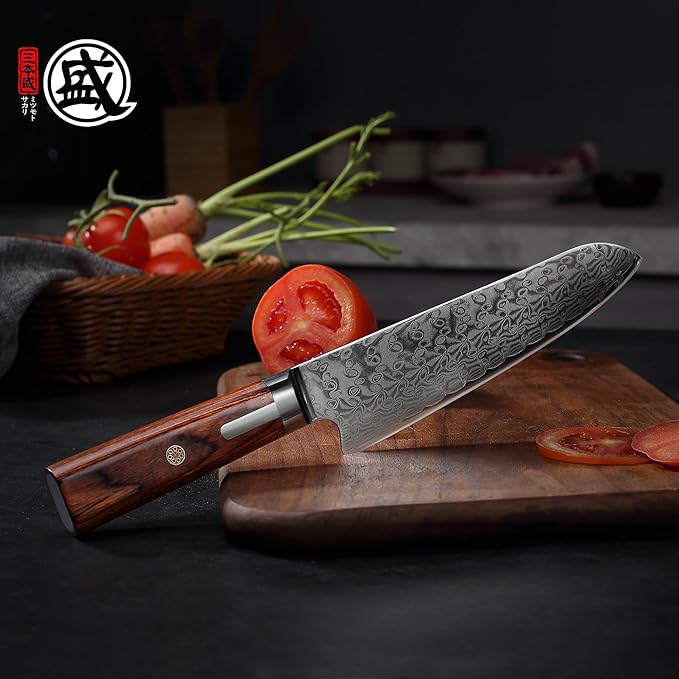 MITSUMOTO SAKARI Santoku Chef Knife 7 inch, S301 Powder Steel Damascus All-Purpose Kitchen Knife (Hand Forged)