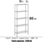 14" Deep x 36" Wide x 86" Height Wire Shelving Kit | 5-Tier | NSF Commercial Storage Rack Unit
