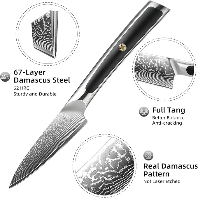 Sunnecko Paring Knife 3.5 Inch, Fruit Knife with 67-layers Damascus Steel VG-10 Blade Small Knife, Peeling Knife with Inlaid Handle Small Kitchen Knife Perfect for Cutting Fruit Vegetables Petty Knife