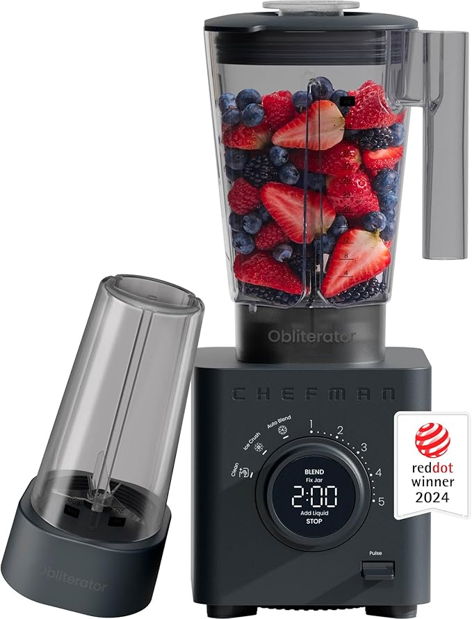Chefman Obliterator 48 oz Countertop Blender for Smoothies, 1380W Motor to Crush Ice, Nuts, and Frozen Fruit with Stainless Steel Blade, Auto Blend Function, Includes 20 oz Travel Jar
