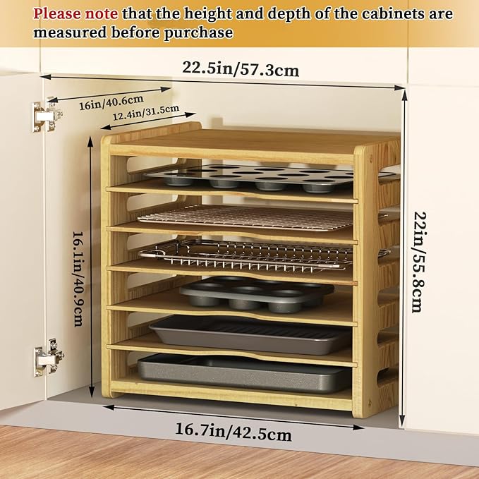 7 Tier Wooden Cabinet Tray Dividers,Kitchen Cabinet Tray Divider for Pans, Storing pans, Baking trays, Cutting Board