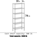 14" Deep x 30" Wide x 74" Height Wire Shelving Kit | 6-Tier | NSF Commercial Storage Rack Unit