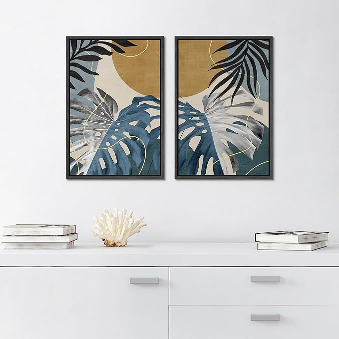 SIGNFORD Framed Canvas Print Wall Art Set Jungle Tropical Monstera Palm Leaf Abstract Shapes Illustration Modern Art Decorative Nordic Nature for Living Room, Bedroom, Office - 16"x24"x2 Black