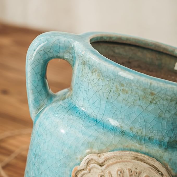 Blue Rustic Ceramic Vase, 5.8 Inch Distressed Wide Mouth Vase with Ice Cracked Glazed, Farmhouse Vintage Flower Vases for Home Office Decor Living Room Bedroom Table Centerpiece Decorations