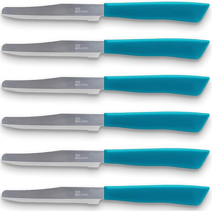 6 kitchen Knives - 4.3"/11cm Italian Stainless Steel Serrated Vegetable/Steak/Table Knife Cutlery, Rounded Tip (Azure)