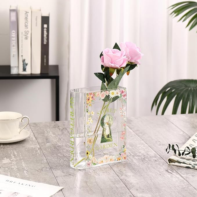 Book Vase for Flowers, Glass Book Shaped Vase, Clear Flower Vases, Book Glass Vases for Bedroom, Living Room, Office, Bookshelf, Coffee Table, Book Lovers Gifts(SG)