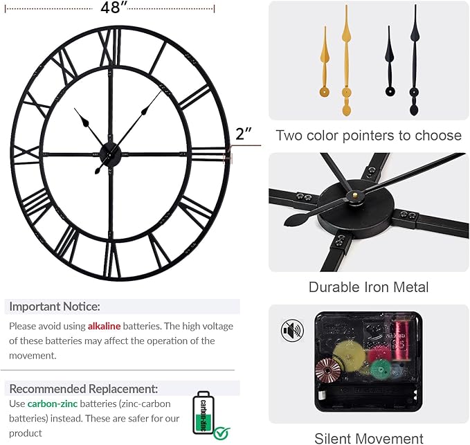 Oversized 48 inch Wall Clock for Living Room Decor – Extra Large Silent Non-Ticking Modern Farmhouse Wall Clock, Decorative Metal Roman Numeral Clock, Black