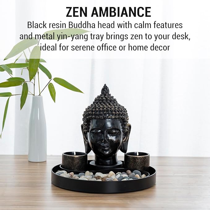 MyGift Black Resin Buddha Head Sculpture Zen Garden Miniature Landscape Set for Desk Decor, Includes 2 Tea Light Candle Holders, Decorative Pebble Rocks and Metal Yin Yang Shaped Design Display Tray