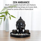 MyGift Black Resin Buddha Head Sculpture Zen Garden Miniature Landscape Set for Desk Decor, Includes 2 Tea Light Candle Holders, Decorative Pebble Rocks and Metal Yin Yang Shaped Design Display Tray